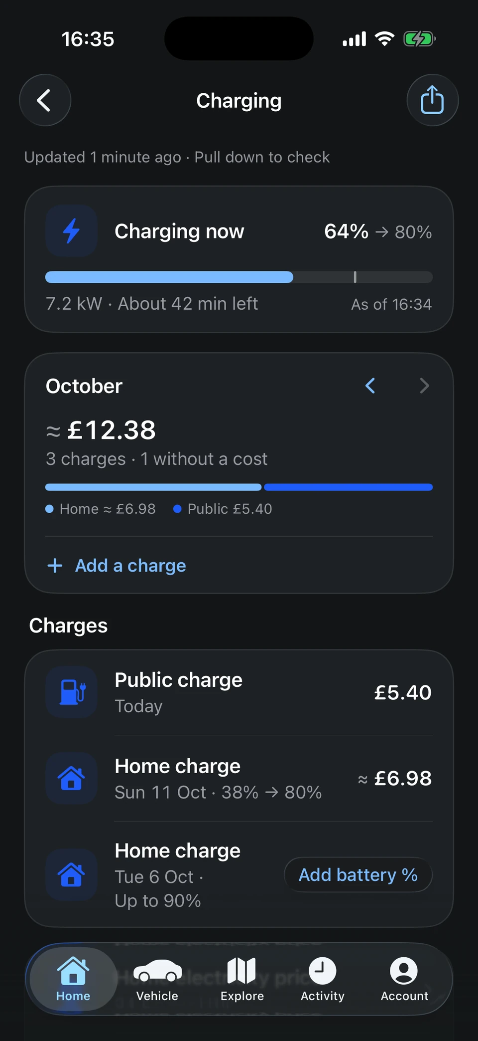 QuietDrive charging screen with monthly costs and home and public charging records