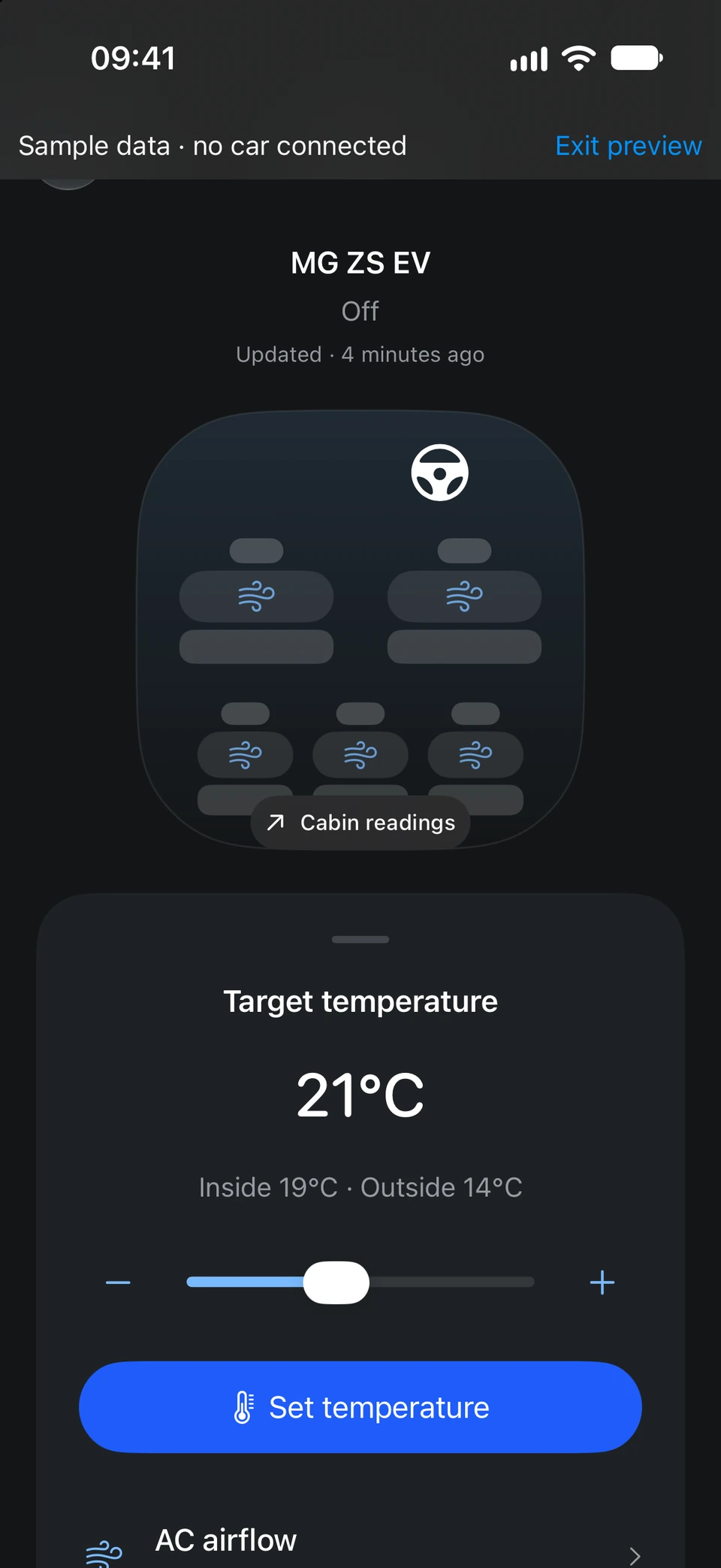 Climate screen with a cabin illustration, a 21 °C target temperature and inside and outside temperatures