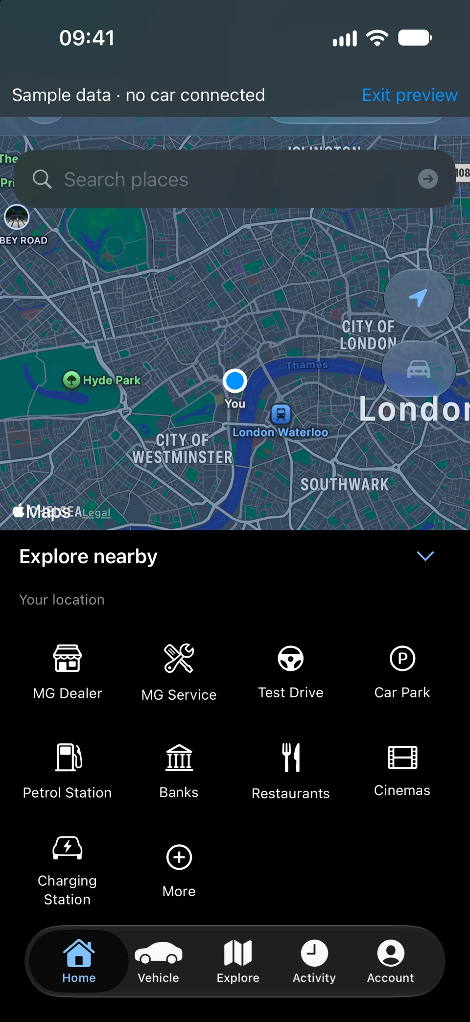 Explore screen with a map of central London and nearby categories including MG dealer, MG service, car park and charging station