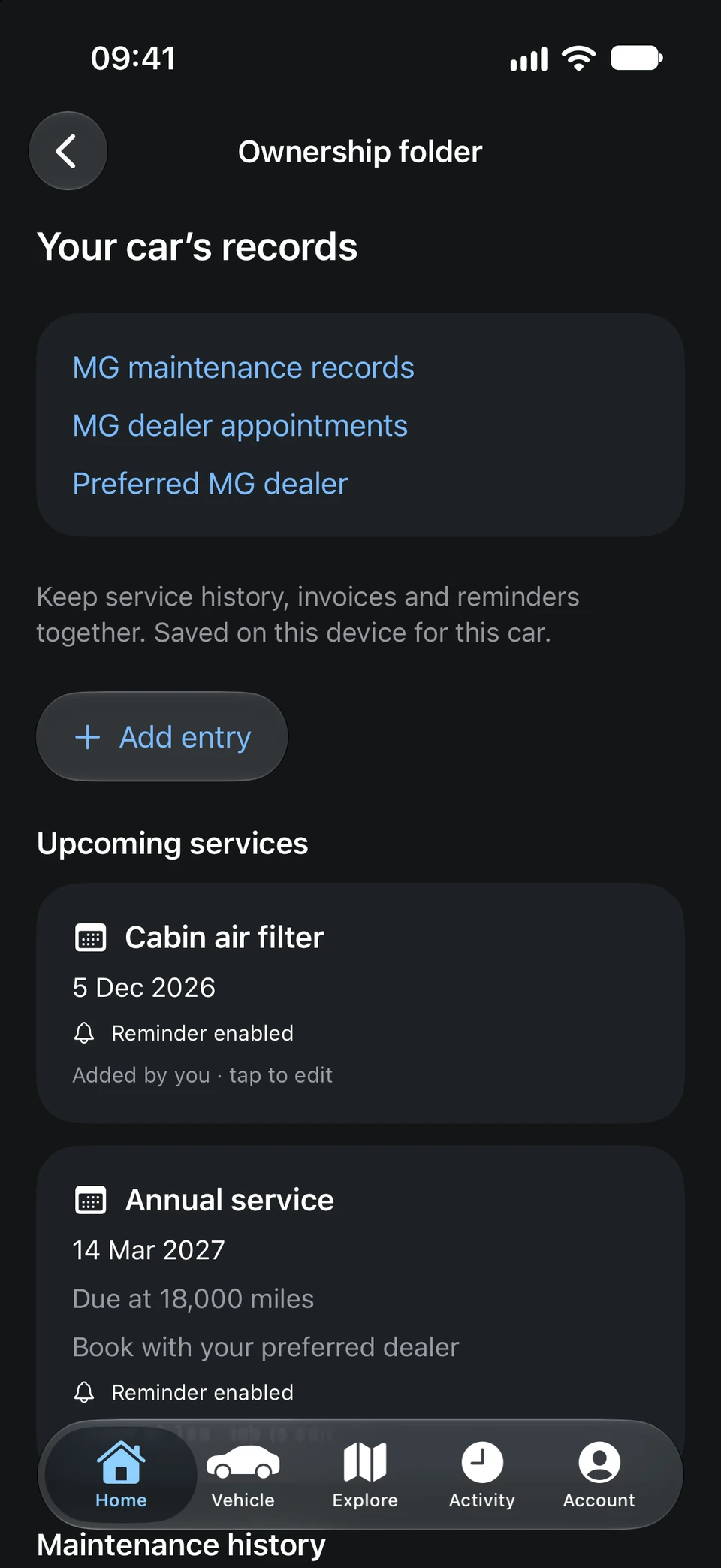Ownership folder with upcoming services, including a cabin air filter and an annual service with reminders