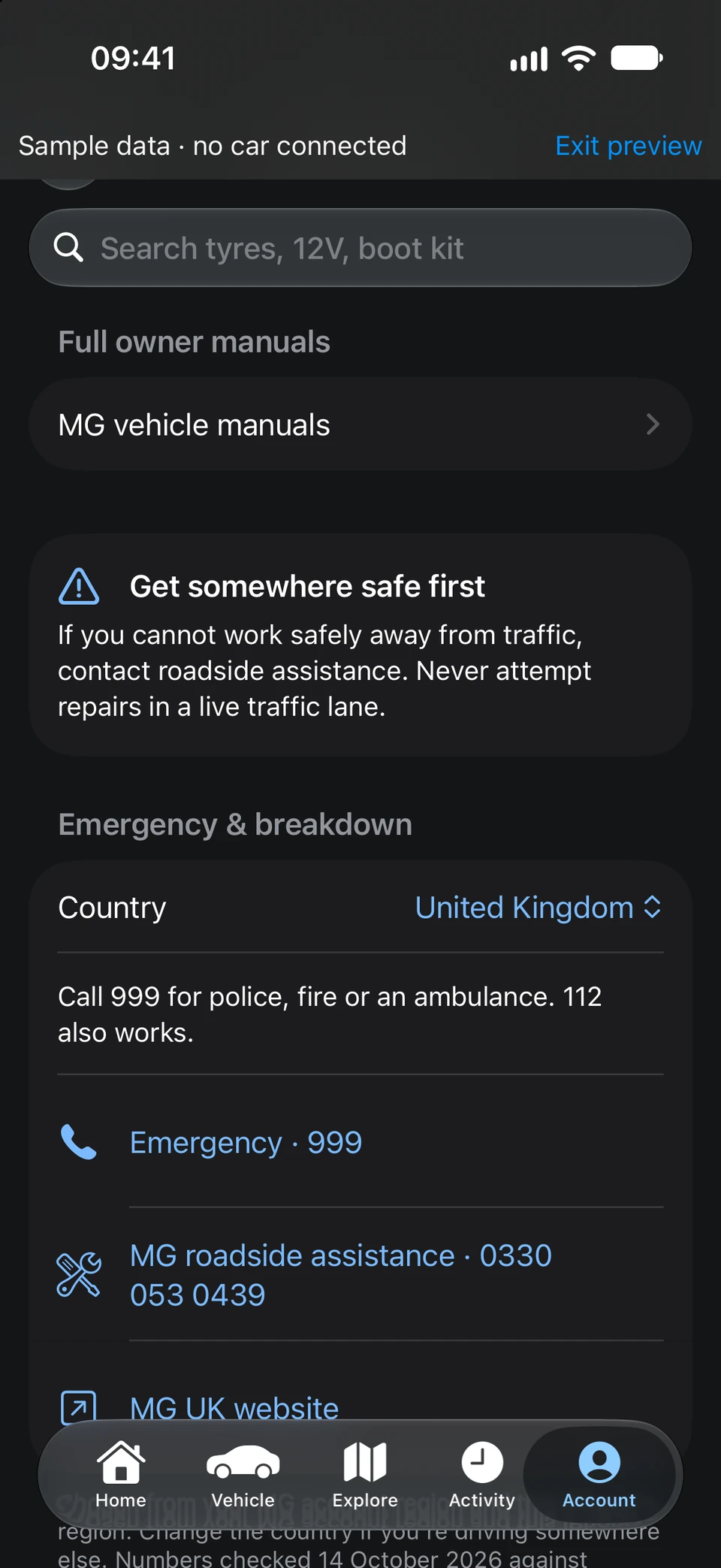 Roadside help screen with a safety reminder, MG vehicle manuals and emergency and breakdown numbers for the United Kingdom