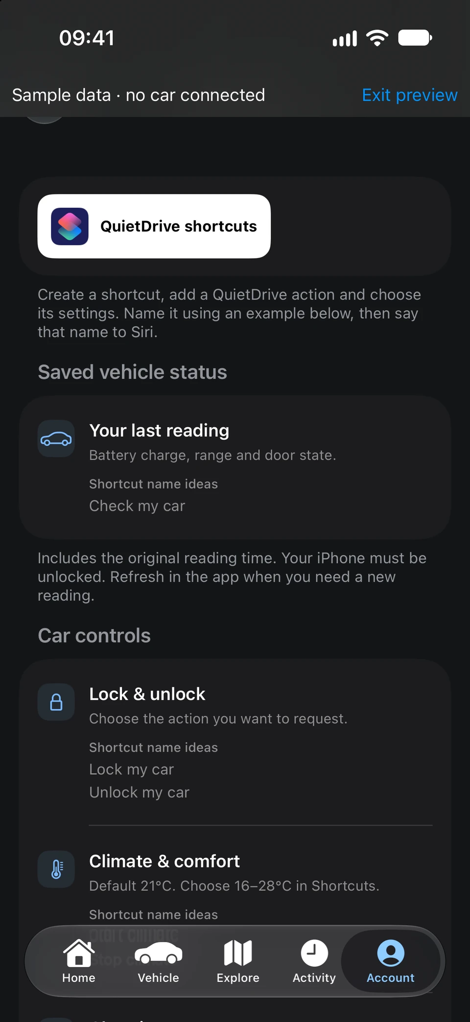 Siri and Shortcuts screen with shortcut ideas such as Check my car, Lock my car and climate and comfort