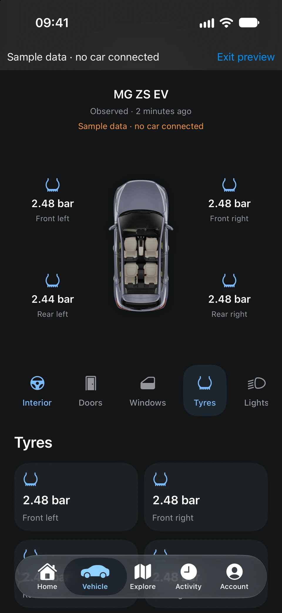 Vehicle status screen with a top-down MG ZS EV and the tyre pressure for each wheel